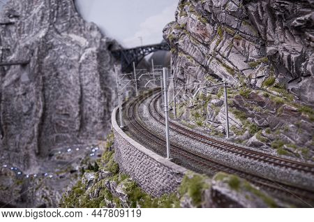 Retro Train On A Mountain Rail Landscape