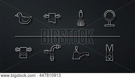 Set Line Rubber Duck, Towel On A Hanger, Round Makeup Mirror, Water Tap, Industry Metallic Pipe, Toi