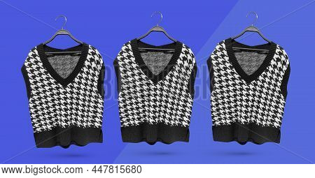 Women's Dogtooth Knitted V Neck Sleeveless Jumper Sweater Tank Top Print Vest. Oversize Knit Sweater