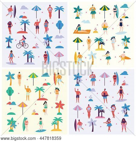 Summer Background With People On The Beach In The Flat Style