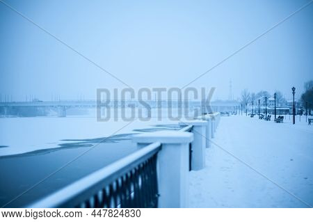 Giant Panorama Of Snow-covered Ice-river Among A Frozen Taiga Forest In A Winter.