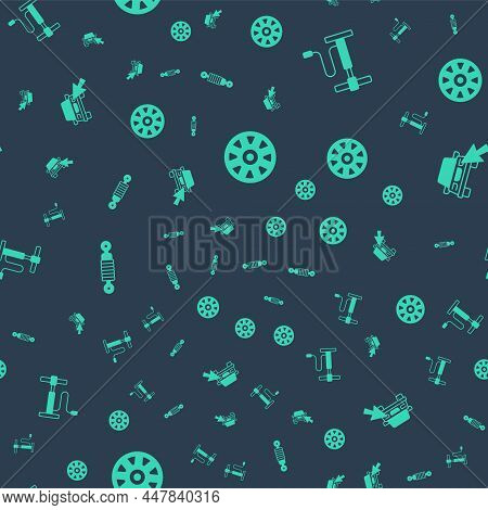 Set Alloy Wheel For Car, Car Air Pump, Shock Absorber And Online Sharing On Seamless Pattern. Vector