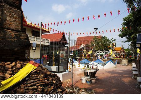 Ancient Ruins Stupa Chedi For Thai People Travel Visit And Respect Praying With Holy Mystery At Wat 