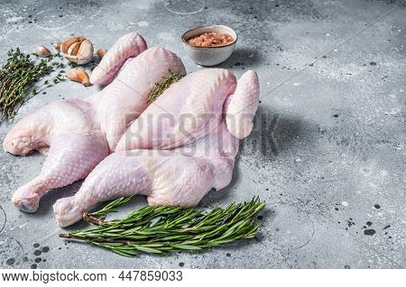 Raw Spatchcock Chicken Meat With Garlic And Thyme. Gray Background. Top View. Copy Space