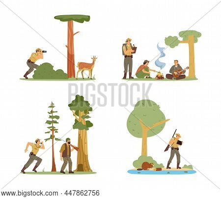 Ranger Protects Forest Land From Poachers Flat Vector Illustrations Set Isolated.