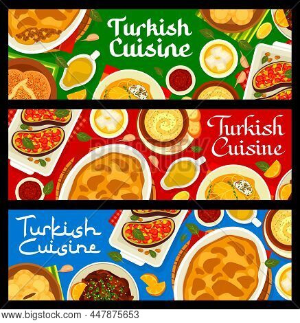 Turkish Cuisine Menu Meals Vector Banners Of Arab Halal Food. Meat, Vegetable Moussaka With Orange A