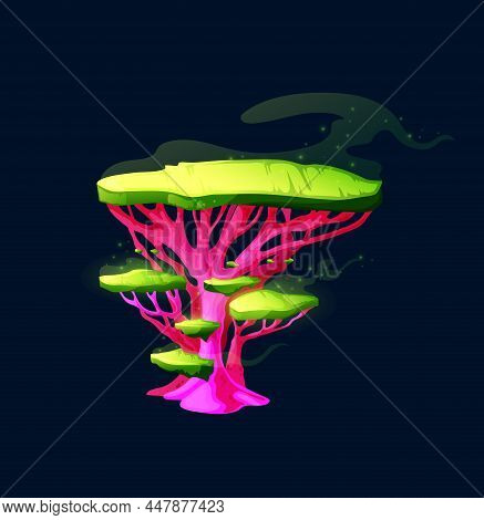 Fantasy Magic Baobab Mushroom Or Fairy Toadstool With Luminous Toxic Caps, Vector Cartoon Icon. Fair