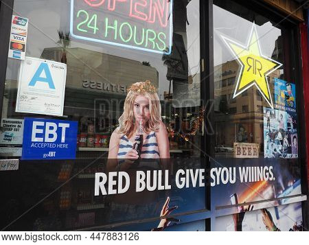 Hollywood, California - October 16, 2019: Britney Spears, Red Bull And Rockstar Poster Ads In Window