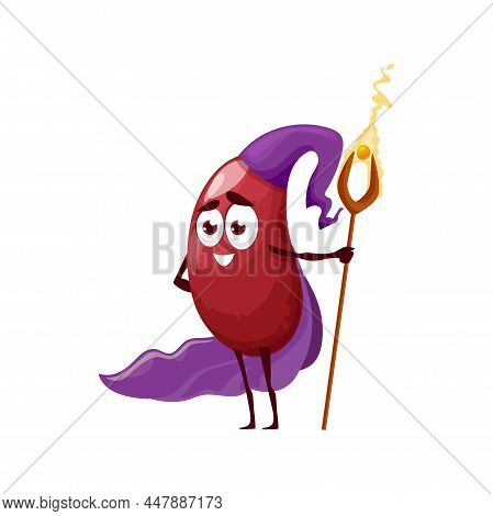 Brown Bean Fairy Character As Wizard Or Magician With Magic Wand, Vector Icon. Cartoon Kidney Bean A