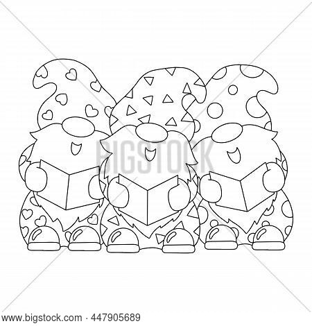 The Dwarfs Are Singing Christmas Carols. Coloring Book Page For Kids. Cartoon Style Character. Vecto