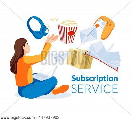 Metaphor For Subscription And Delivery Service. Happy Attractive Girl Is Sitting With A Laptop. A Gr