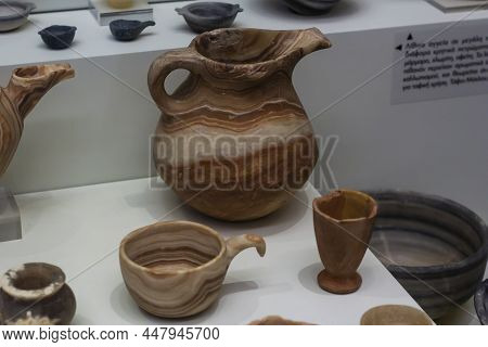 Stone Vases In A Variety Of Shapes Made Of Various Of Cretan Stone, Alabaster, Veined Marble, Chlori