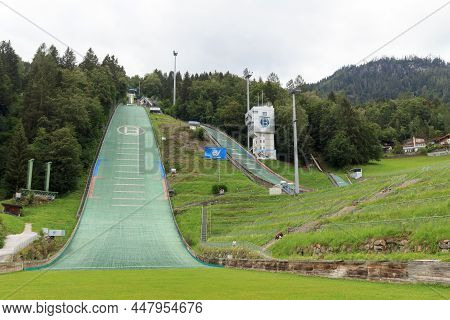 Bischofshofen, Austria - August 5, 2020: Ski Jumping Venue Paul-ausserleitner-schanze During Summer.