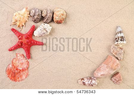 Summer concept - sand, stones and seashells frame