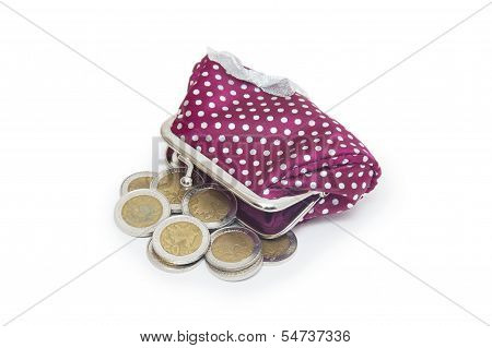 Beautiful Purse With Coins Isolated On White Background