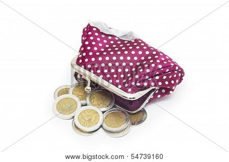 Beautiful Purse With Coins Isolated On White Background