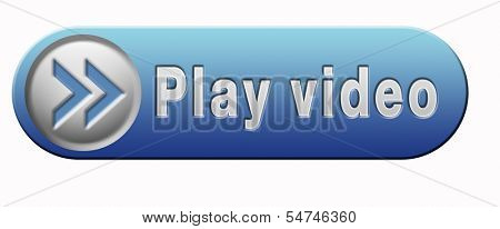 Video play clip or watch movie online or in live stream, blue multimedia button banner or icon