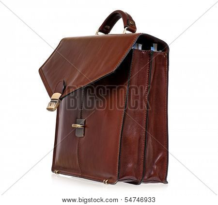 Brown leather briefcase with brass buckle, isolated on white background 