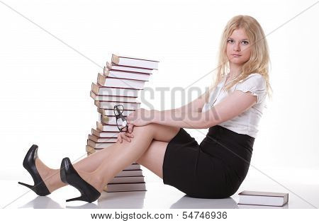 Beautiful Young Woman With Books White Background