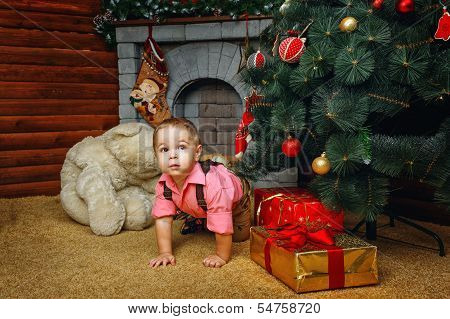 Boy, Christmas Tree And Gifts