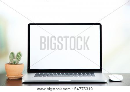 Laptop and cactus in flowerpot on wooden table