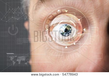 Modern cyber man with technolgy eye looking