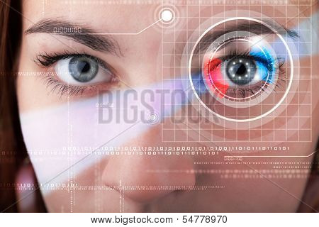 Modern cyber woman with technolgy eye looking