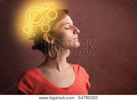 Clever girl thinking with a glowing machine head illustration