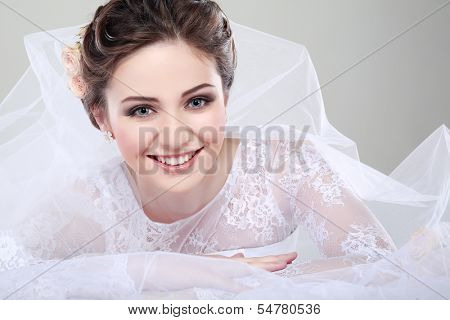 Portrait of beautiful bride. Wedding dress. Wedding decoration