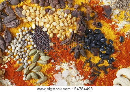 View of an assortment of spices and  ingredients used in indian and other asian cuisines.