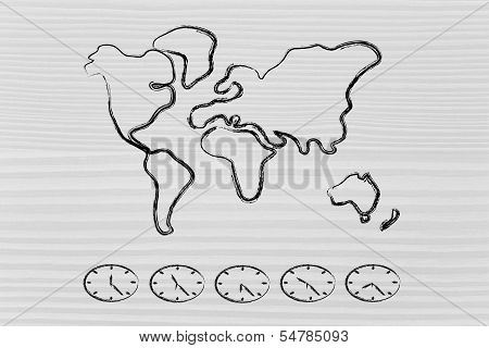 World Map And Time Zone Clocks, Business Going Global