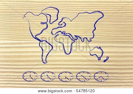 World Map And Time Zone Clocks, Business Going Global