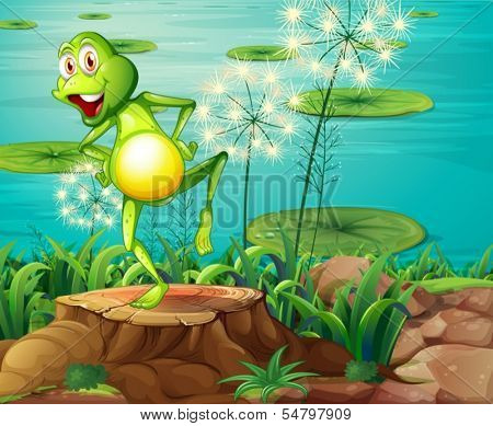 Illustration of a frog above the stump at the riverside