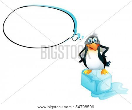 Illustration of a penguin standing above an ice cube on a white background