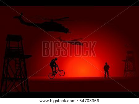Soldier and biker with watchtower, helicopters and birds background