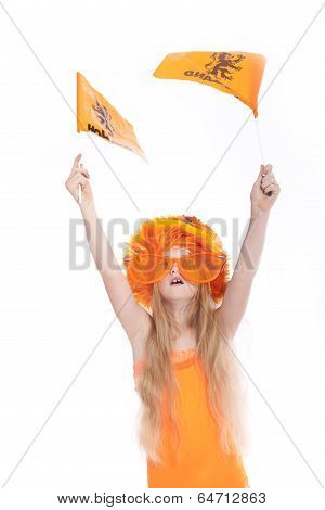 Young Blond Girl With Orange Hat Waving And Flags In Studio