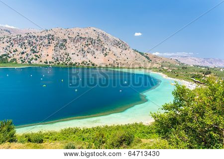 Freshwater Lake In Village Kavros In Crete  Island, Greece. Magical Turquoise Waters, Lagoons. Trave