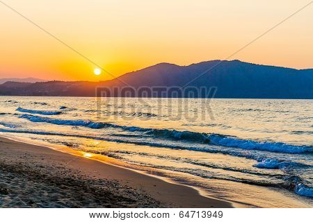 Beach On Sunset In Village Kavros In Crete  Island, Greece. Magical Turquoise Waters, Lagoons. Trave
