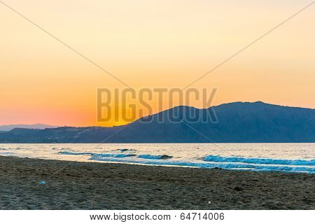 Beach On Sunset In Village Kavros In Crete  Island, Greece. Magical Turquoise Waters, Lagoons. Trave