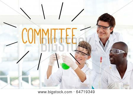 The word committee against scientists working in laboratory