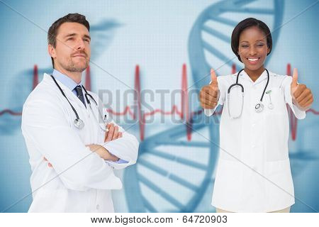 Composite image of medical team against blue medical background with dna and ecg