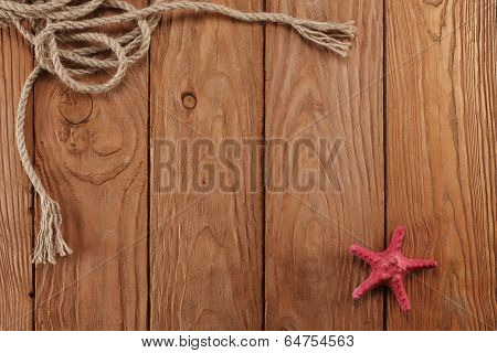 Rope Shells Starfish On Wooden Boards