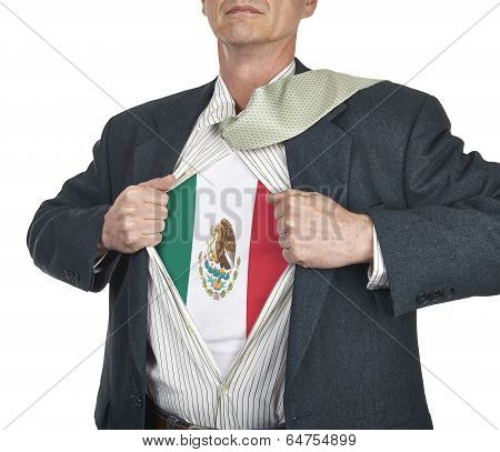 Businessman Showing Mexico Flag Superhero Suit Underneath His Shirt