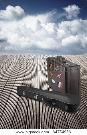 Old Suitcase And Violin Case With Striples Flags From Europe