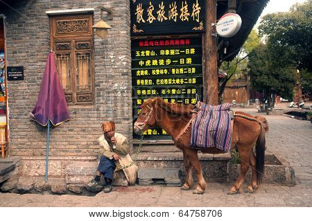 Horse Waiting Tourists In Shuhe Ancient Town.