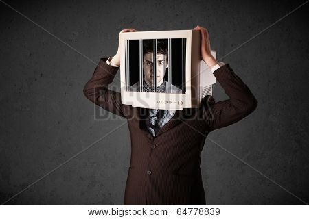 Business man with monitor screen on his head traped into a digital system concept