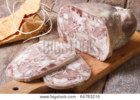 Cut Headcheese On Chopping Board Close-up