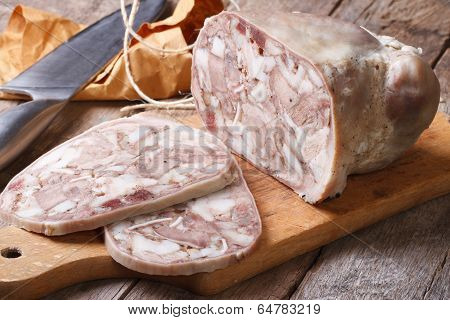 Headcheese Chopped Slices On Kitchen Board