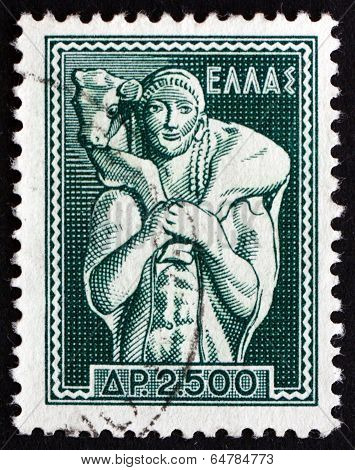 Postage Stamp Greece 1954 Shepherd Carrying Calf