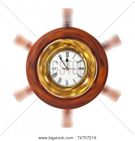 Clock in turning helm isolated on white background